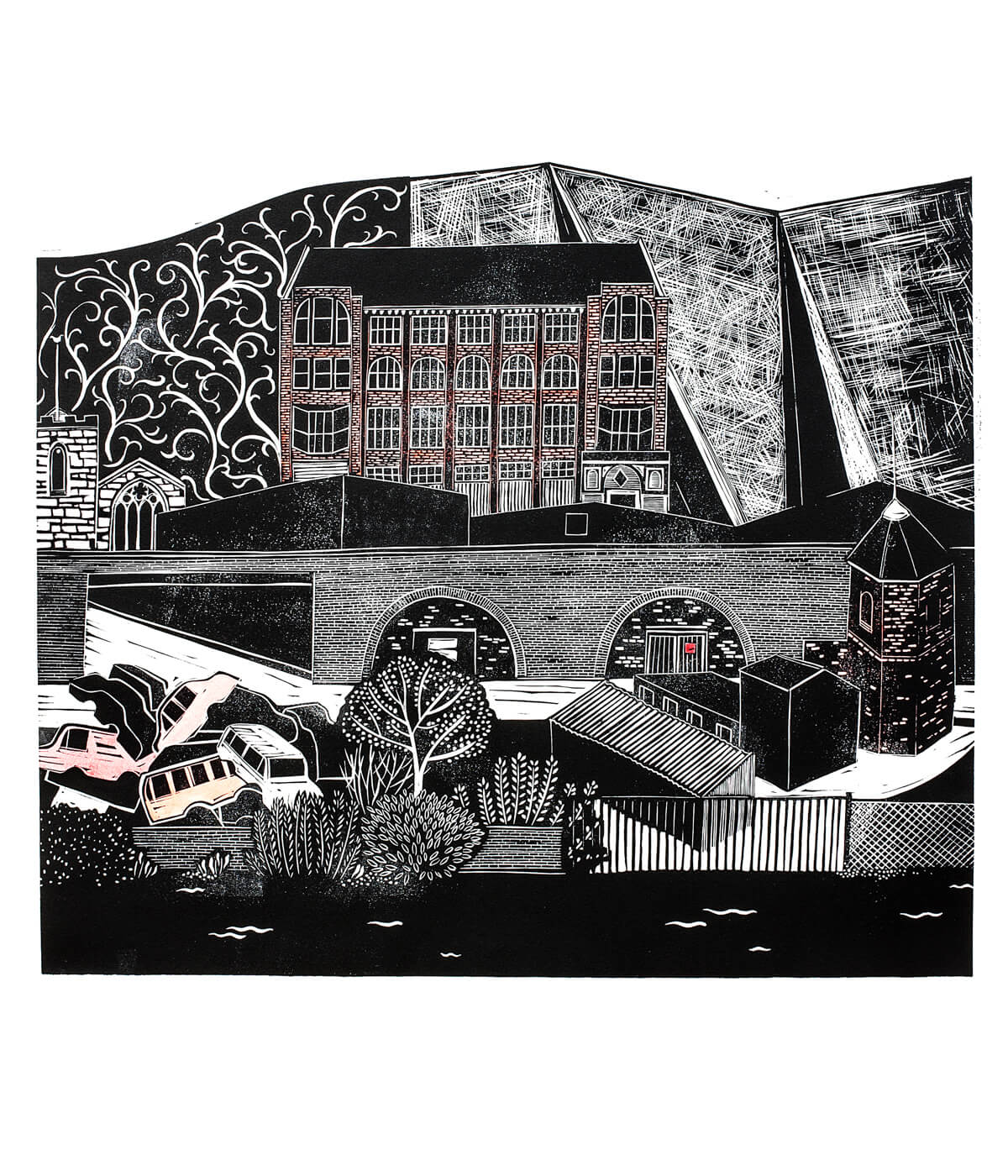 Highcross, E W Bryan and The Great Railway, linocut print by Sarah Kirby