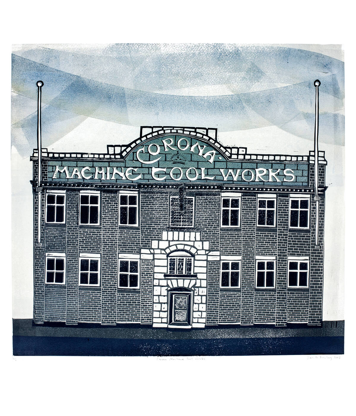 Corona Works, linocut print by Sarah Kirby