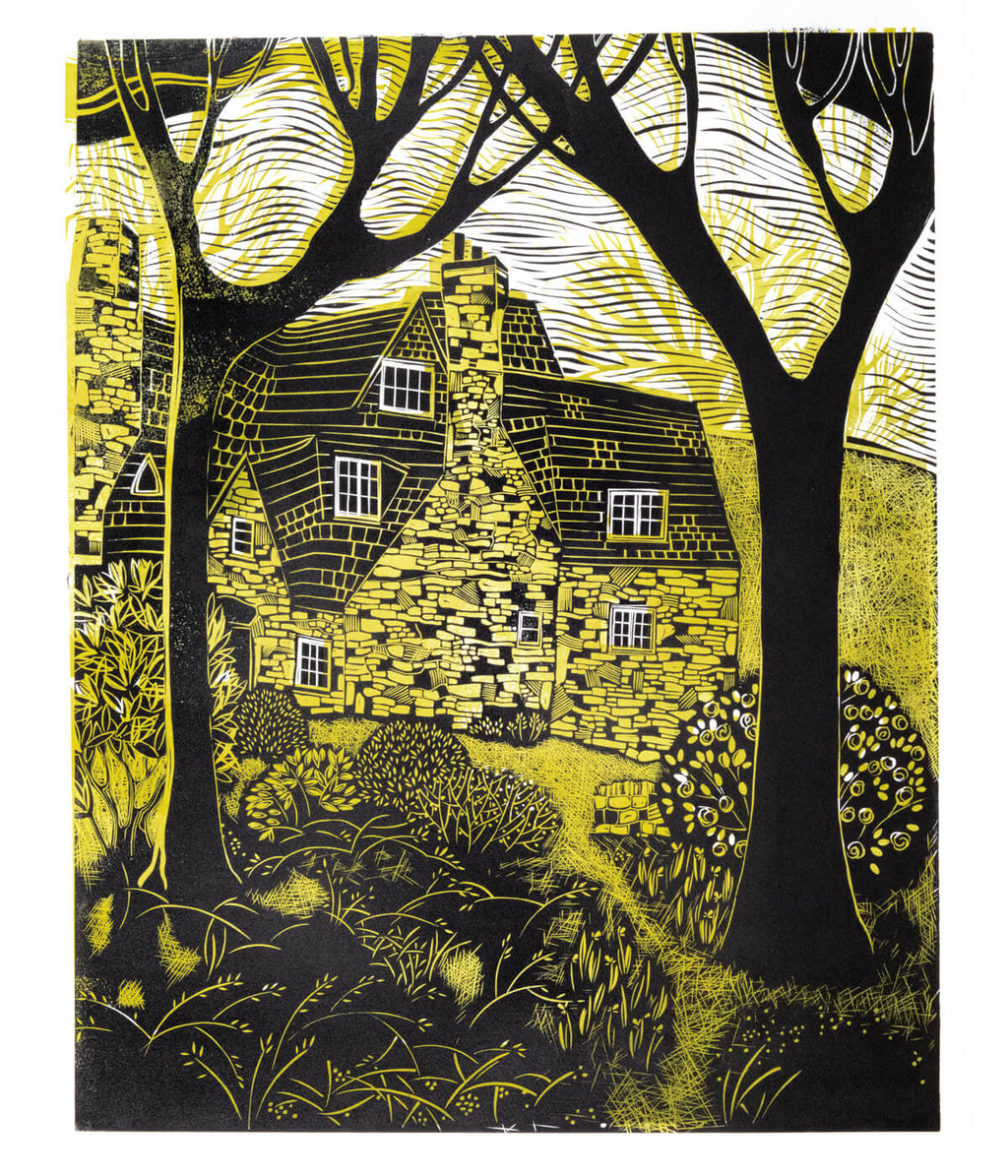 Stoneywell From The Woods, a linocut print by Sarah Kirby
