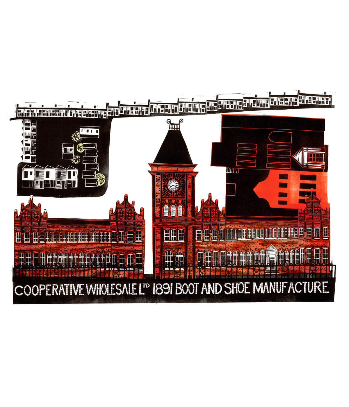 Wheatsheaf Works, a linocut print by Sarah Kirby