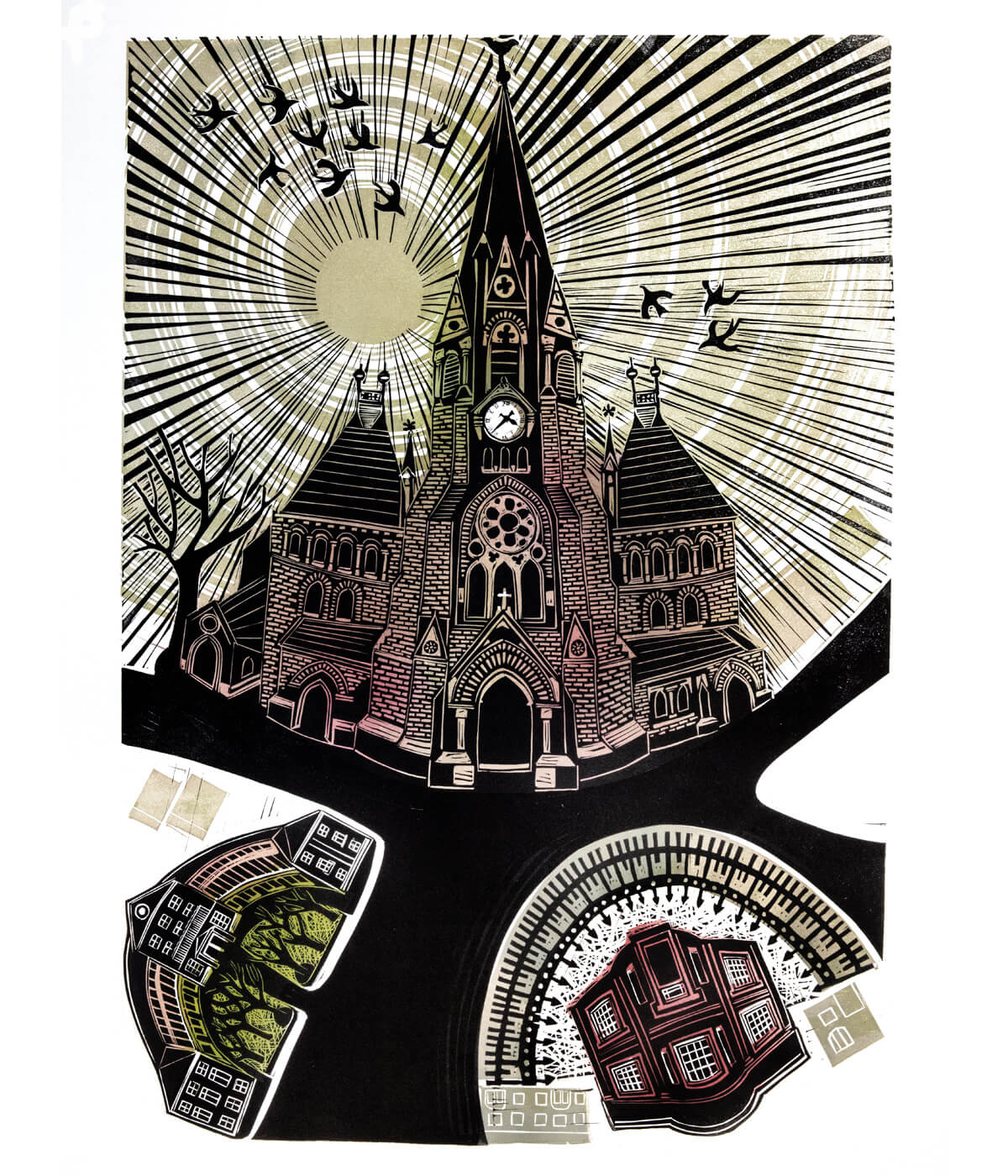 Holy Trinity, Leicester, a linocut print by Sarah Kirby