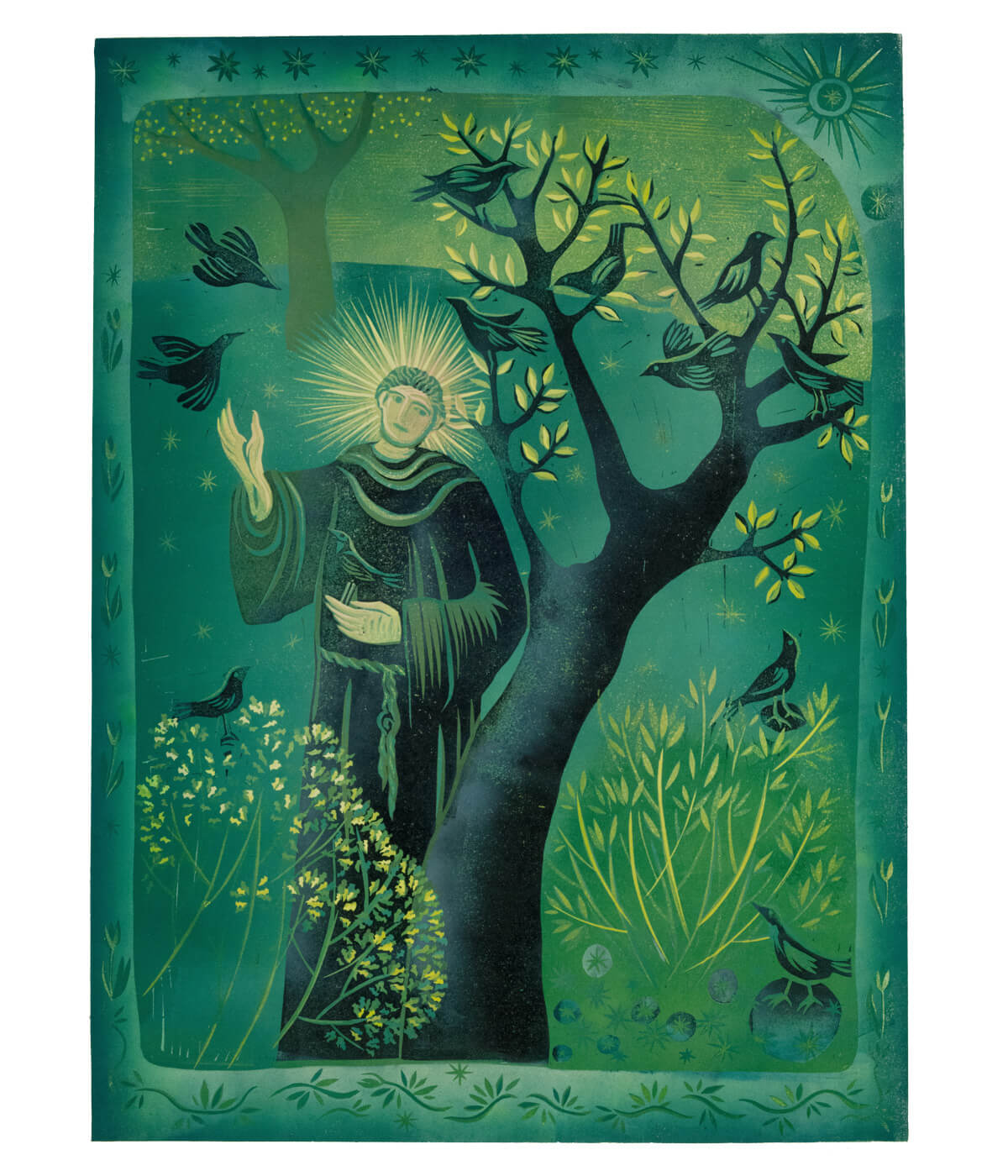 St Francis, the Birds and the Apple Tree, a linocut print by Sarah Kirby