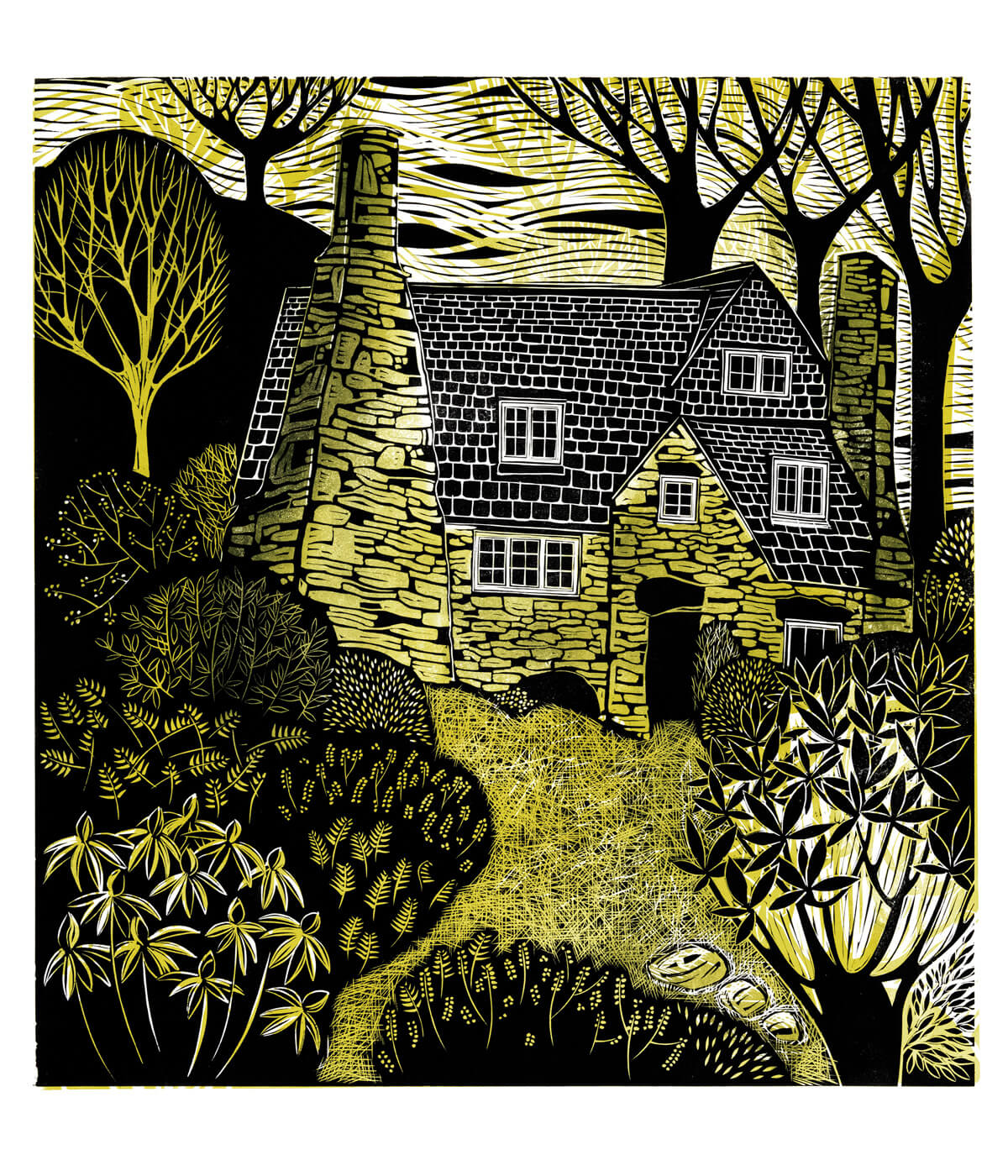 Stoneywell, a linocut print by Sarah Kirby