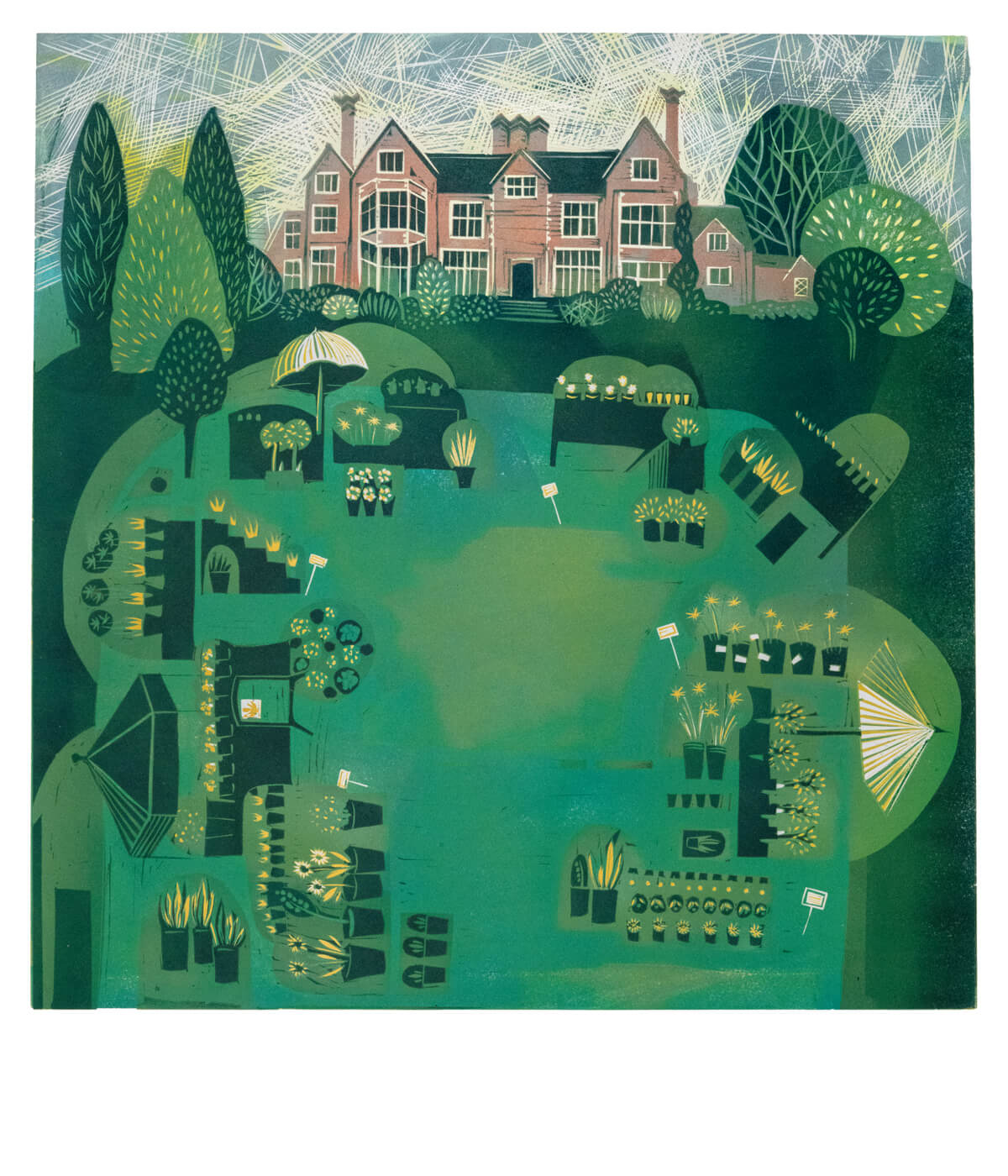 Botanic Gardens Plant Sale, linocut print by Sarah Kirby