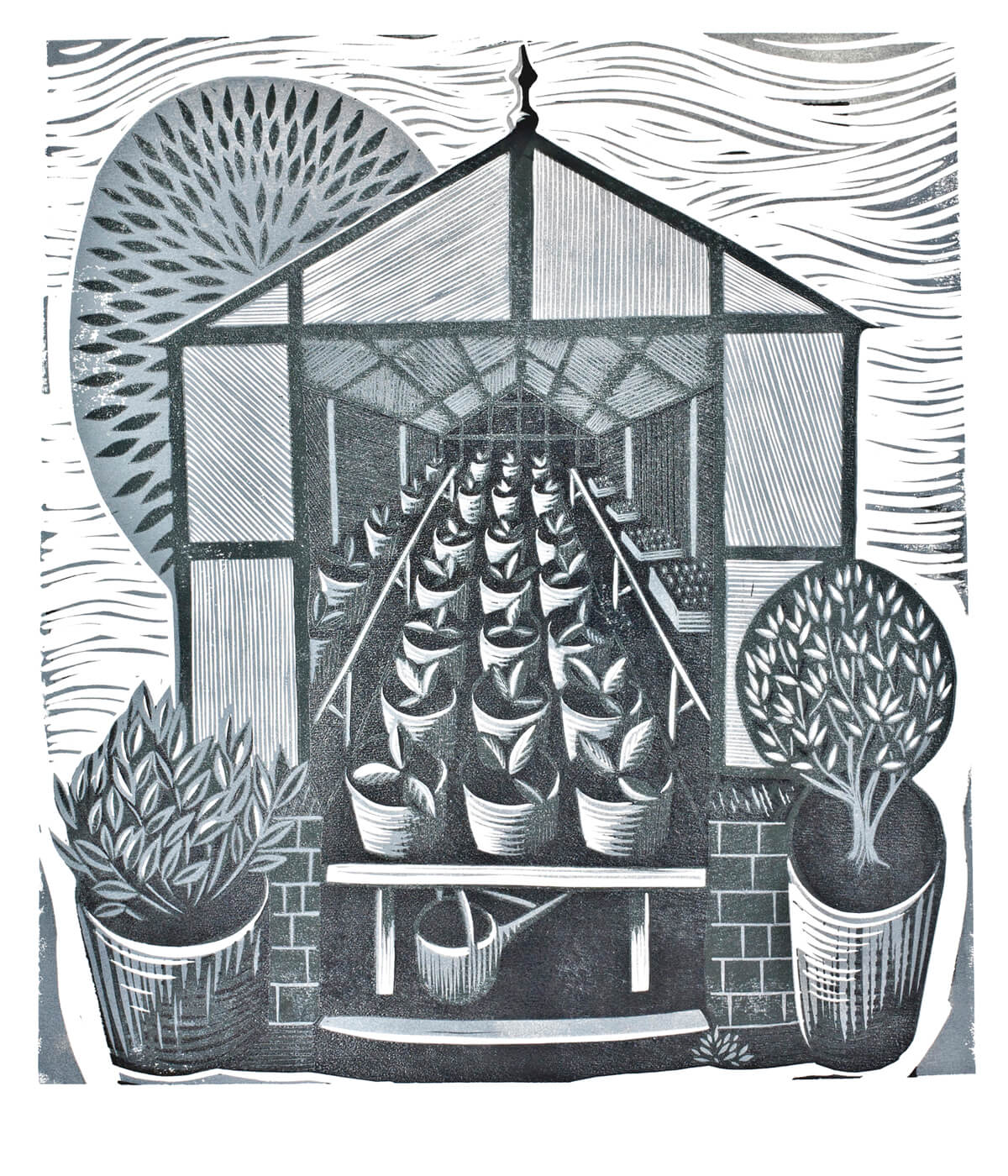 Greenhouse, linocut print by Sarah Kirby
