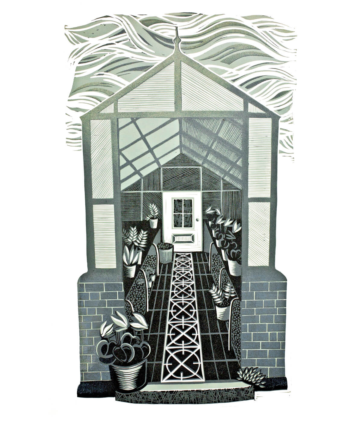 Greenhouse II, linocut print by Sarah Kirby