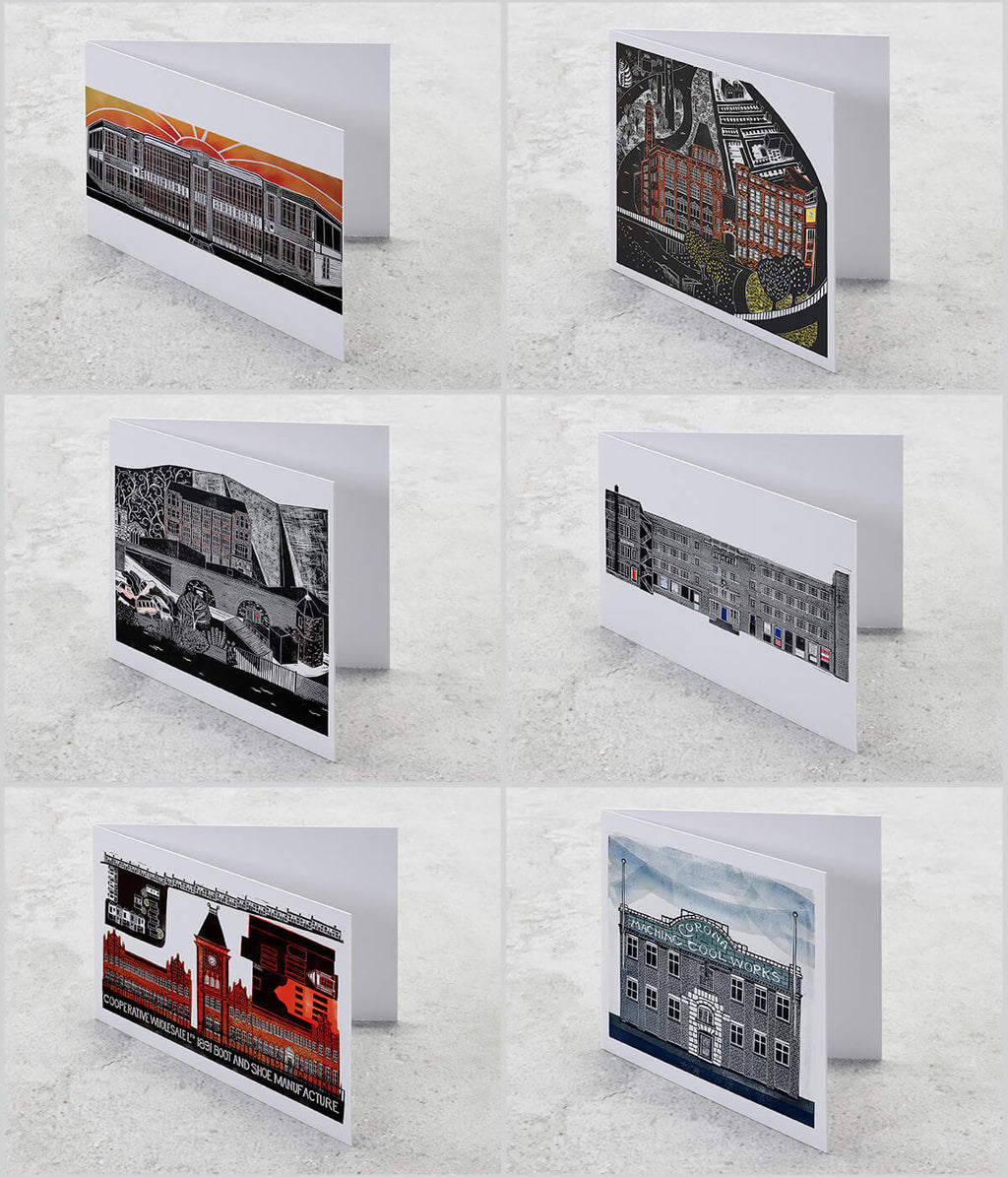 Industrial Leicester, pack of linocut greeting cards by Sarah Kirby