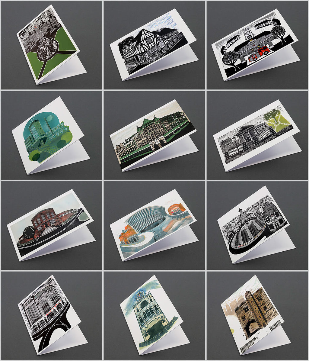 Leicester Landmarks, a pack of linocut greeting cards by Sarah Kirby
