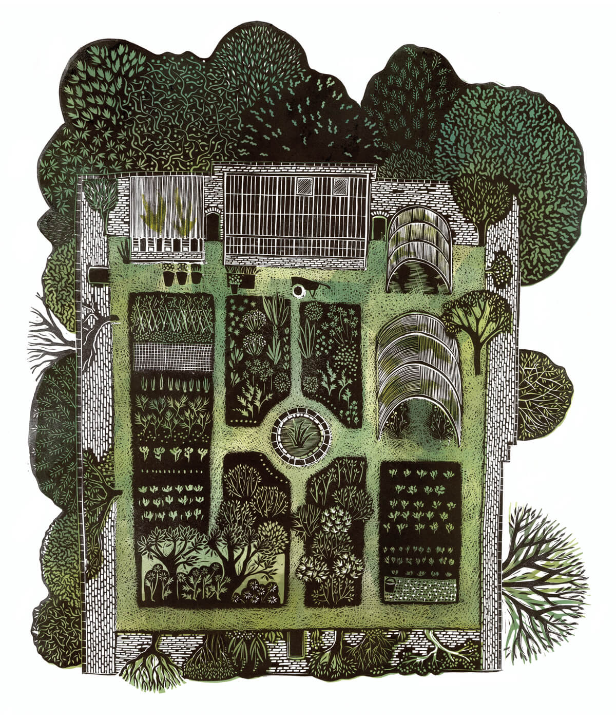 Kitchen Gardens, Launde, a linocut print by Sarah Kirby