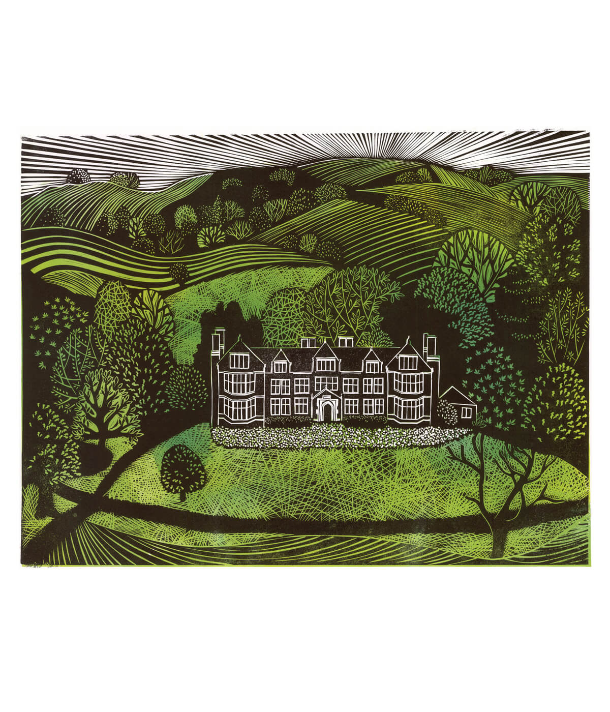Launde Abbey, a linocut print by Sarah Kirby