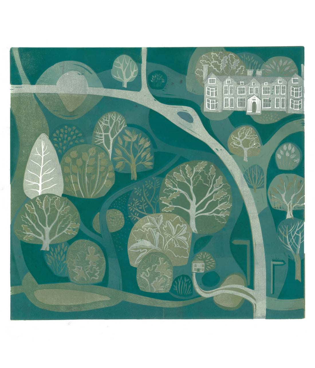 Launde Abbey Big Wood, a linocut print by Sarah Kirby