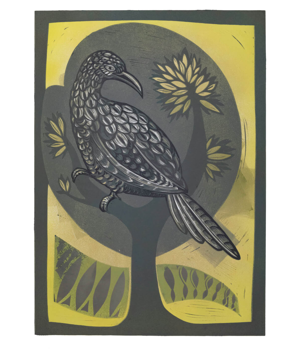 Mrs Griffiths’ Cuckoo, a linocut print by Sarah Kirby