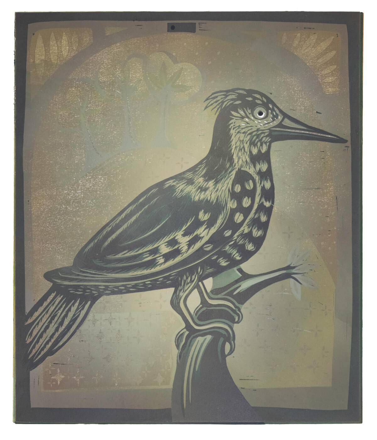 Mrs Griffiths’ Lark in Green, a linocut print by Sarah Kirby