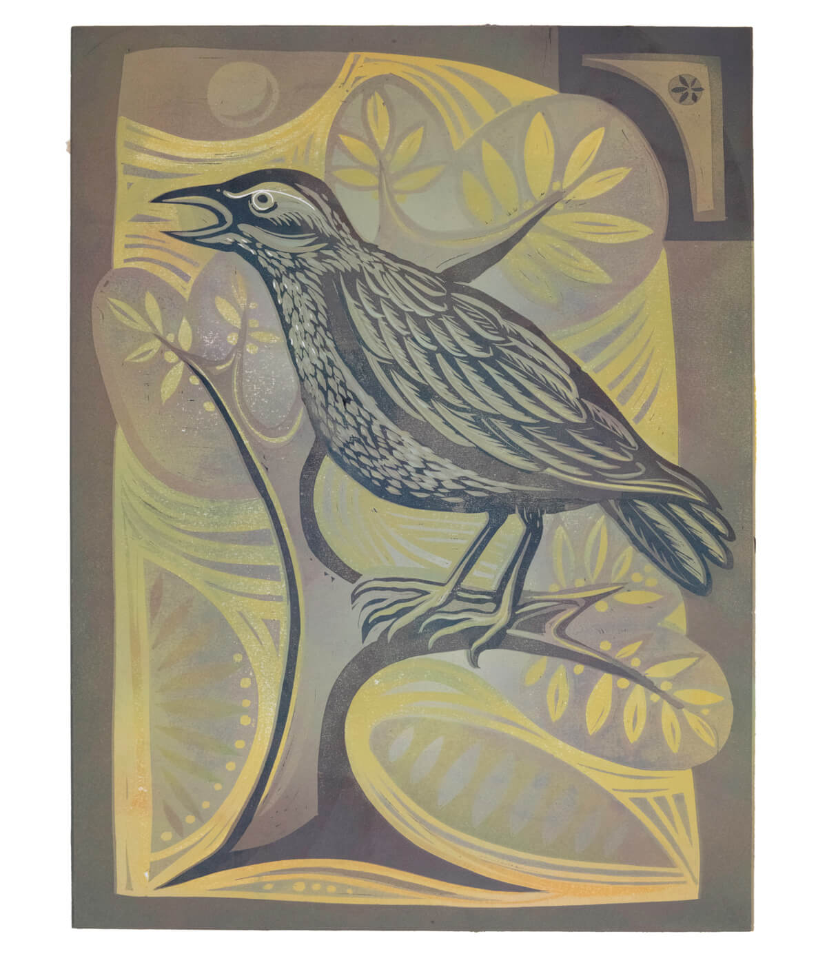 Mrs Griffiths’ Lark, a linocut print by Sarah Kirby