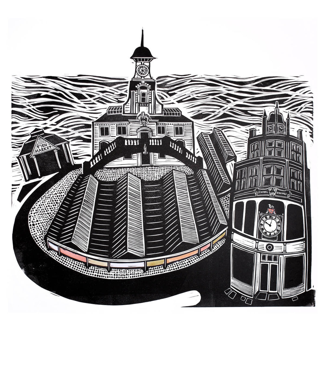 Market Place, a linocut print by Sarah Kirby