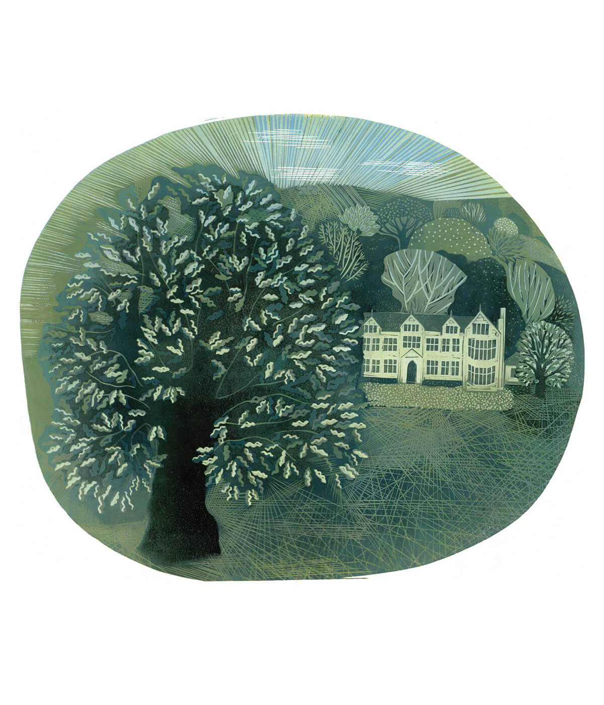 Mayshine at Launde, a linocut print by Sarah Kirby