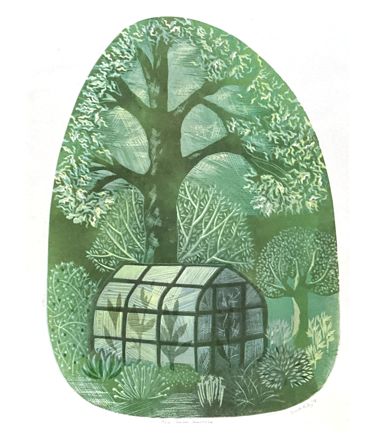 Garden Greenhouse, linocut print by Sarah Kirby