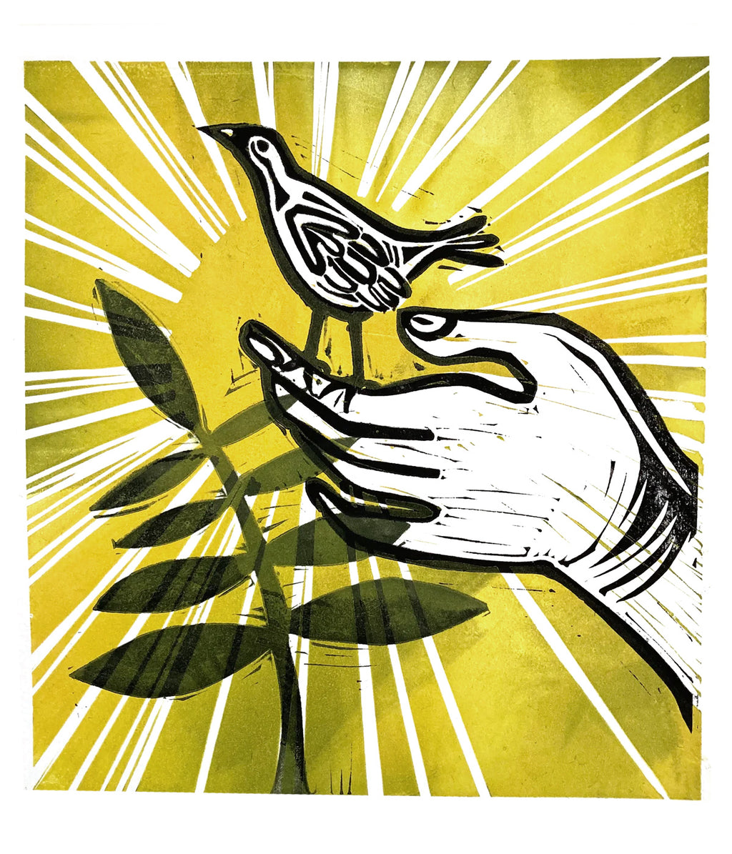 Hand and Bird, linocut print by Sarah Kirby