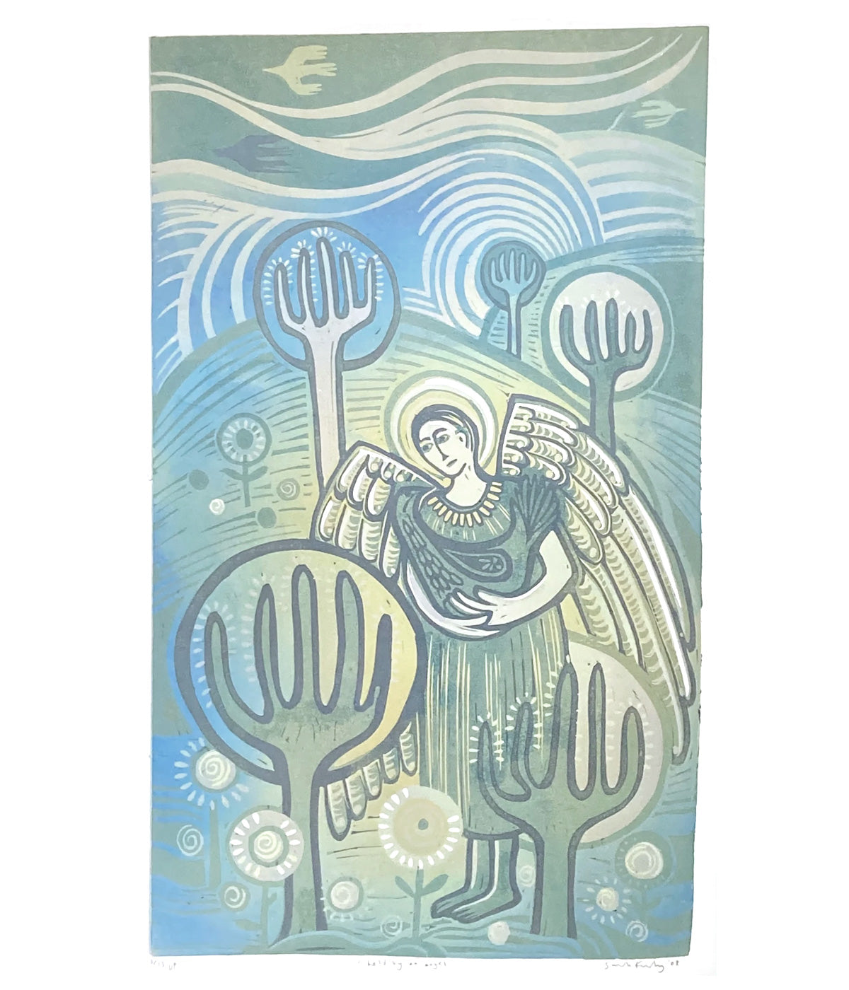 Held By An Angel, linocut print by Sarah Kirby