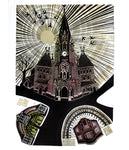 Holy Trinity, Leicester,  a linocut print by Sarah Kirby