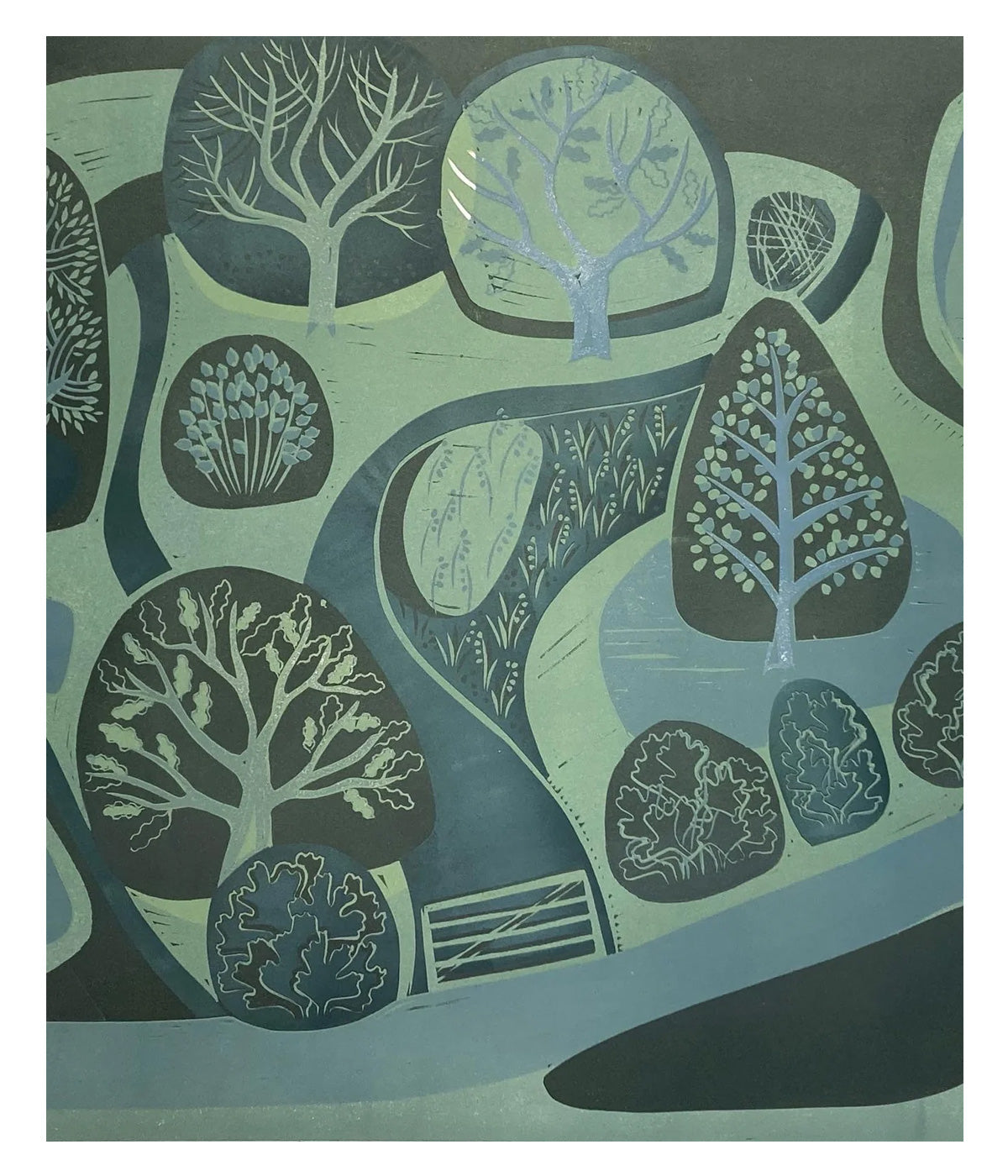 Launde Big Wood, linocut print by Sarah Kirby