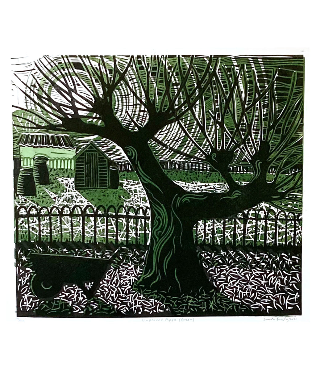 The Unpruned Apple (Green), linocut print by Sarah Kirby