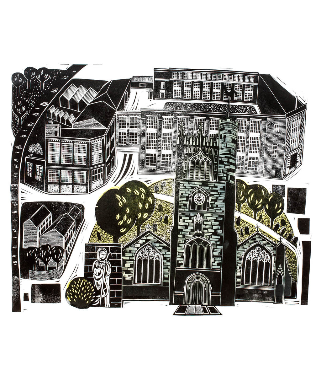 St Margaret’s & The Corah Works, a linocut print by Sarah Kirby
