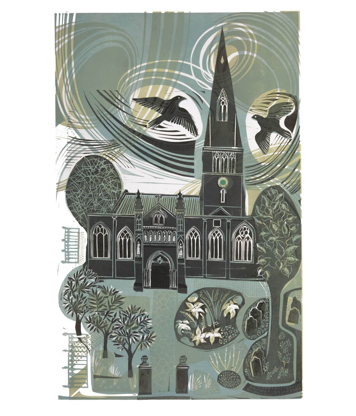 The Cathedral, The Gardens and The Peregrines in Blue/Grey, a linocut print by Sarah Kirby