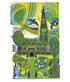The Cathedral, The Gardens and The Peregrines in Yellow/Blue, a linocut print by Sarah Kirby