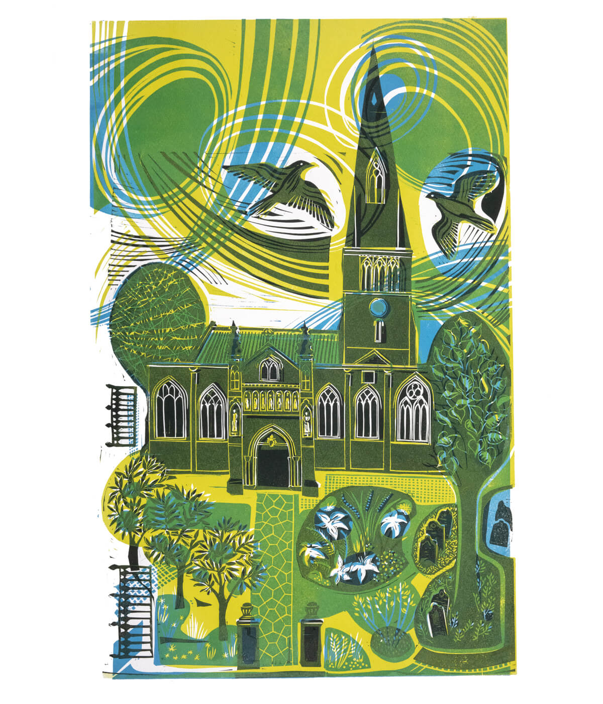 The Cathedral, The Gardens and The Peregrines in Yellow/Blue, a linocut print by Sarah Kirby