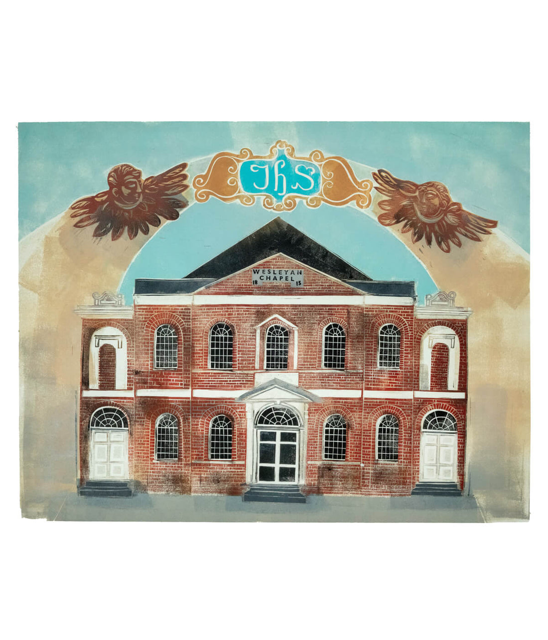 Wesleyan Chapel, Leicester, a linocut print by Sarah Kirby
