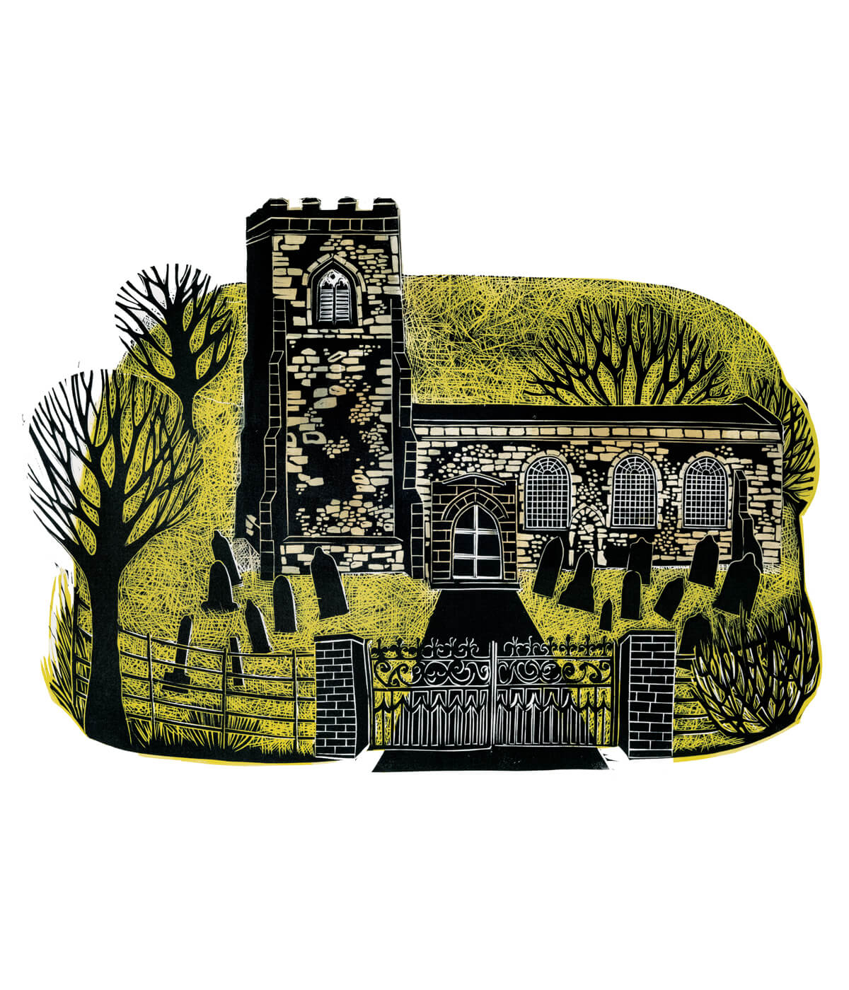 Wistow Church, a linocut print by Sarah Kirby